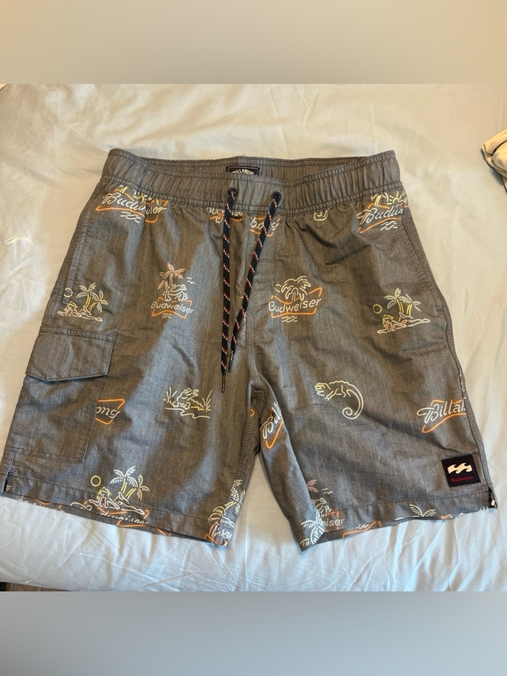 Budweiser Gray Elastic Waist Shorts with Black Logo Patch